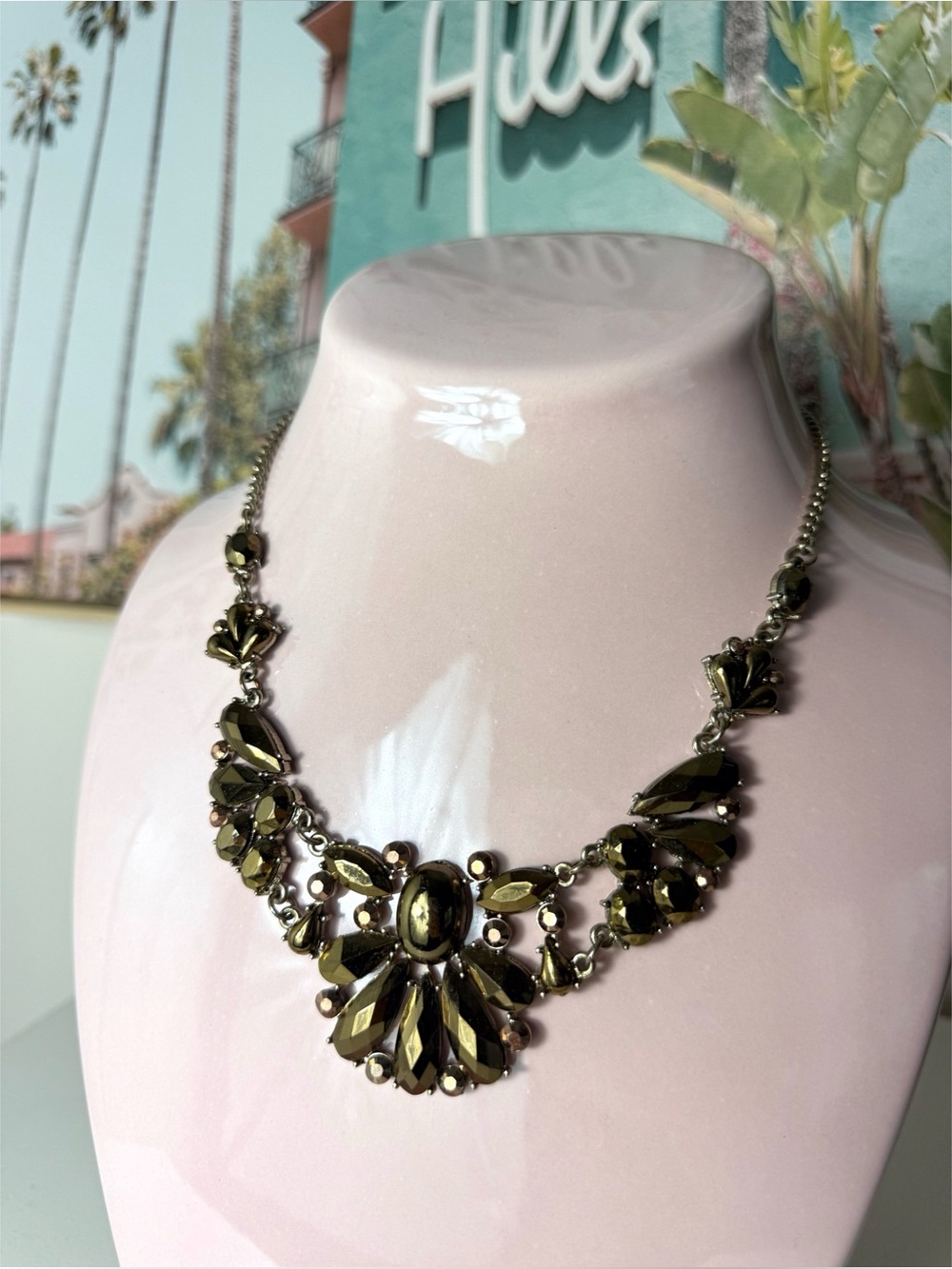 Statement Bib Necklace Gunmetal Tone Metallic Bronze Faceted Art Deco Costume